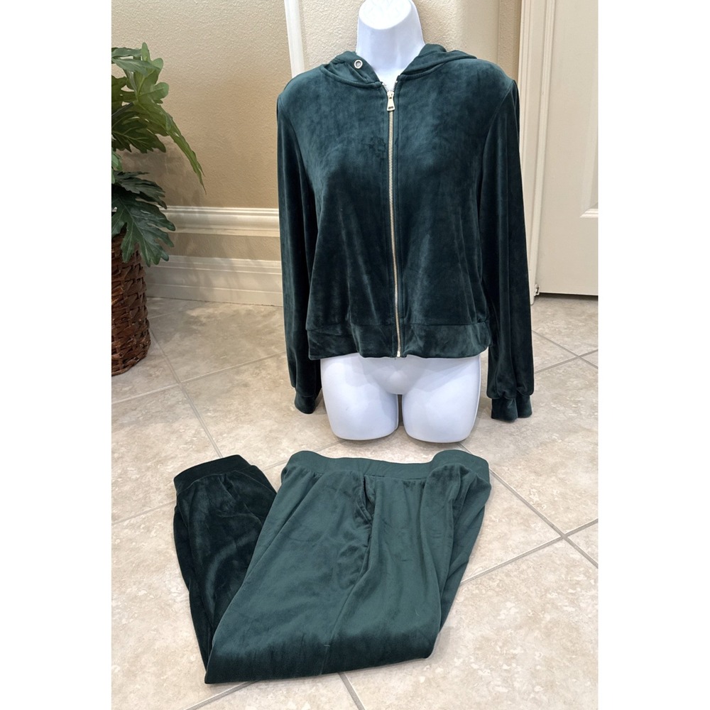 Magaschoni Zip Hoodie/Track Suit Pant Set Hunter Green Sz L Soft Velour Lounge *